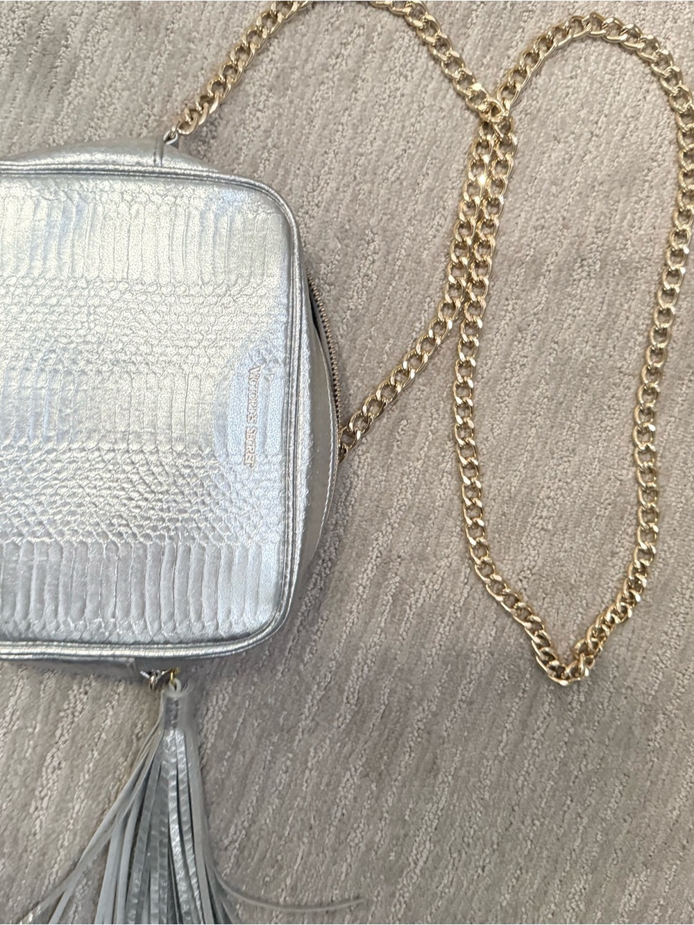 Victoria's Secret Silver Crossbody Bag with Gold Chain
